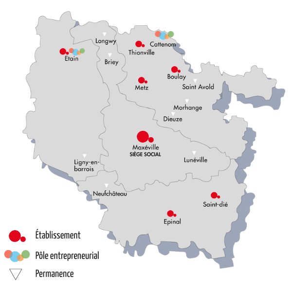 carte Grand Est des antennes permanences et pôles entrepreneuriaux d'Alexis